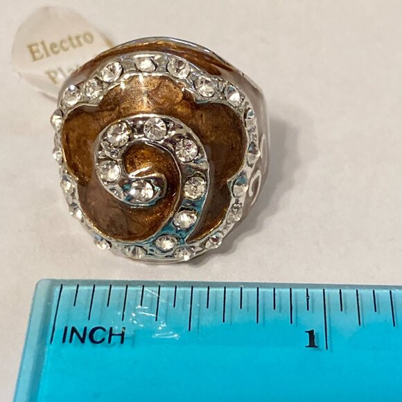 Vintage Brown Enamel Swirl Crystal Cocktail Ring Art Deco Silver Plated Size 8 - Picture 11 of 12
